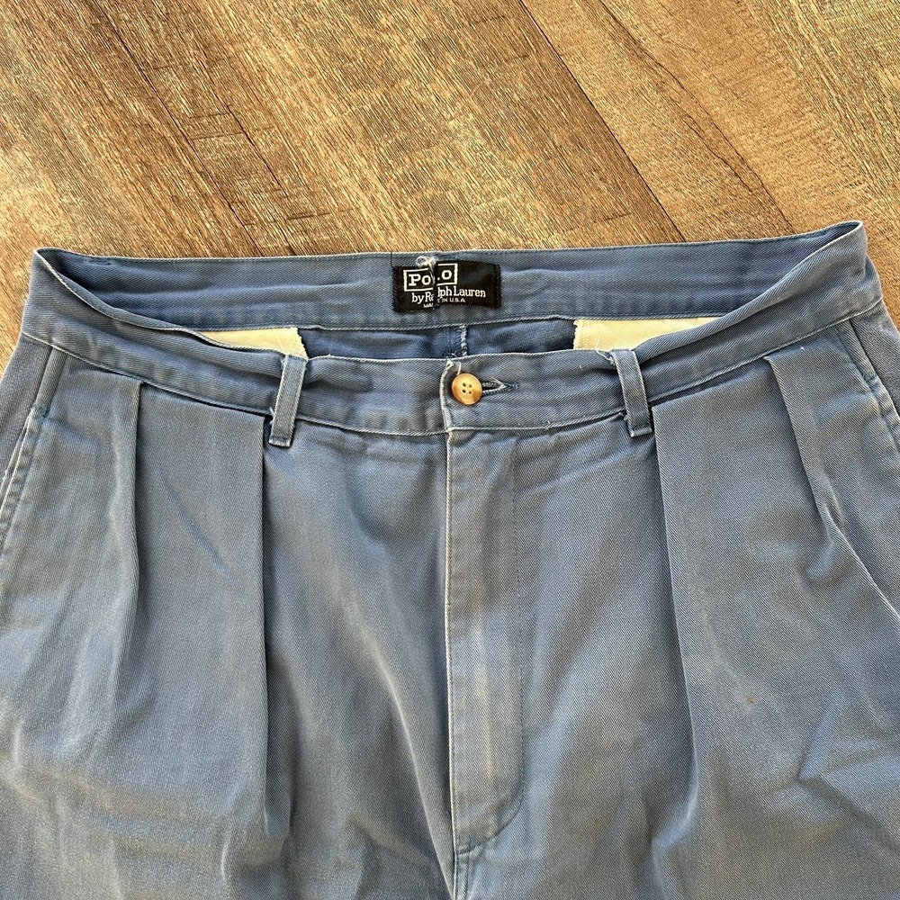 Vintage Polo Ralph Lauren Made In The USA Double Pleated Chino Shorts Blue 32
